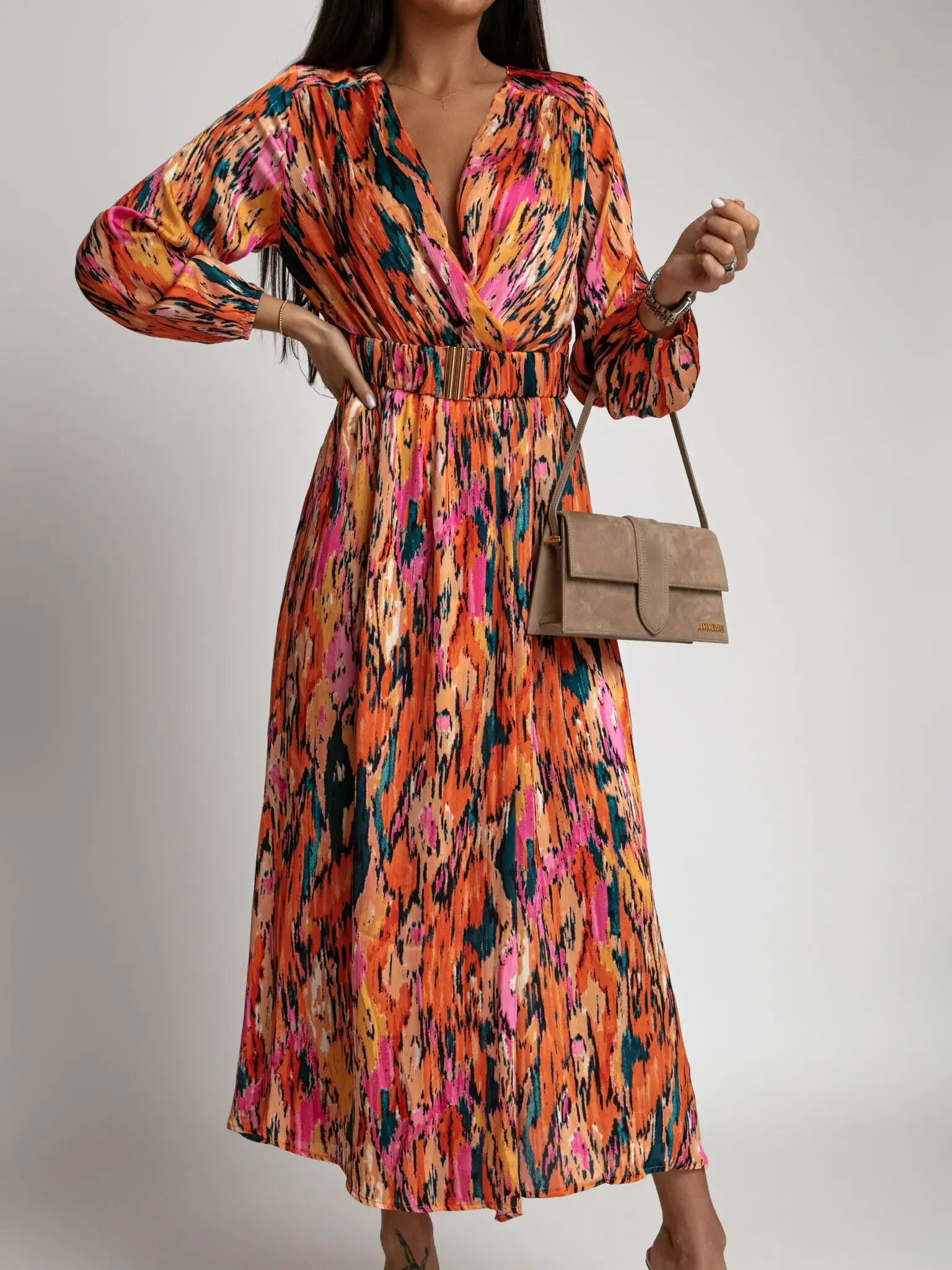 Women's Clothing New Sexy Fashion Casual Commuting Beach Vacation Style Versatile Street Style V-neck Print with Belt Dress