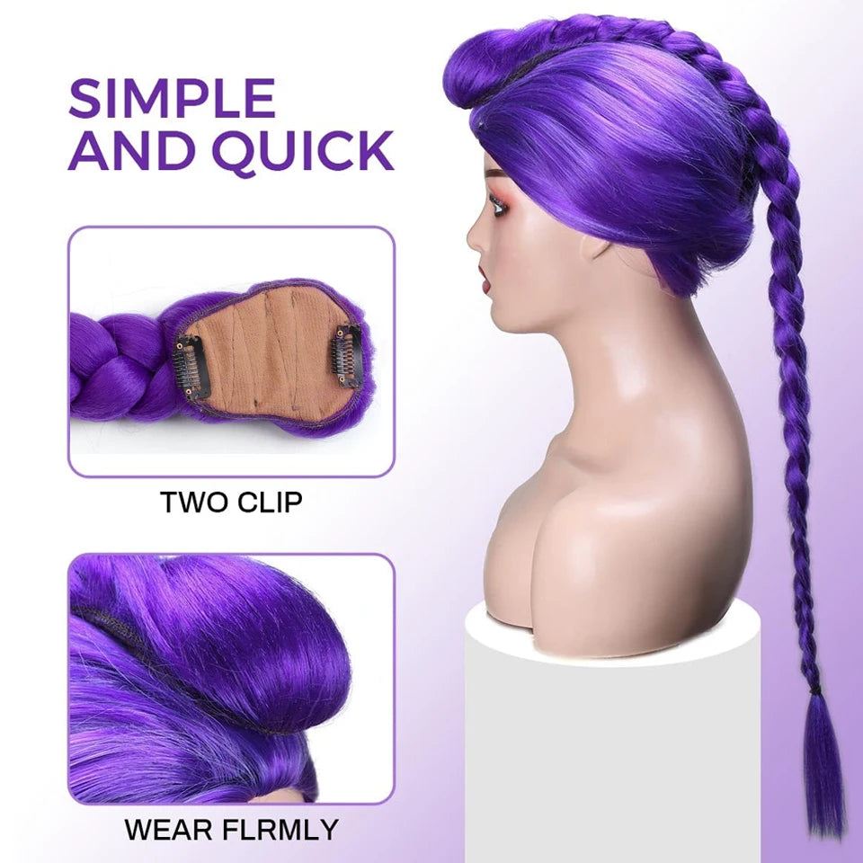 Synthetic Braided Purple Hair Ponytail Rumi Costume Hairstyle Long Ponytail with Rubber band and Clips for Kids Girls Christmas