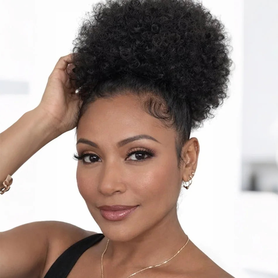 Accessoires capillaires queue de cheval synthétique 6 pouces Afro Puff avec cordon de serrage, cheveux crépus bouclés doux, chignon élastique pour enfants et femmes
