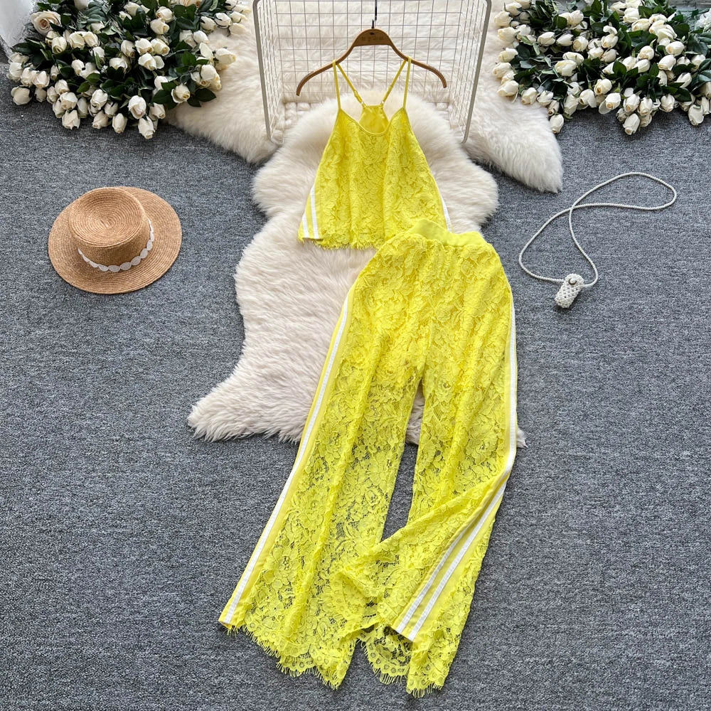 Women Two Pieces Sets Spliced lace Off Shoulder Slip Top and Fashion Hotsweet High Waist Elastic Waist  Wide Leg Pant Sets