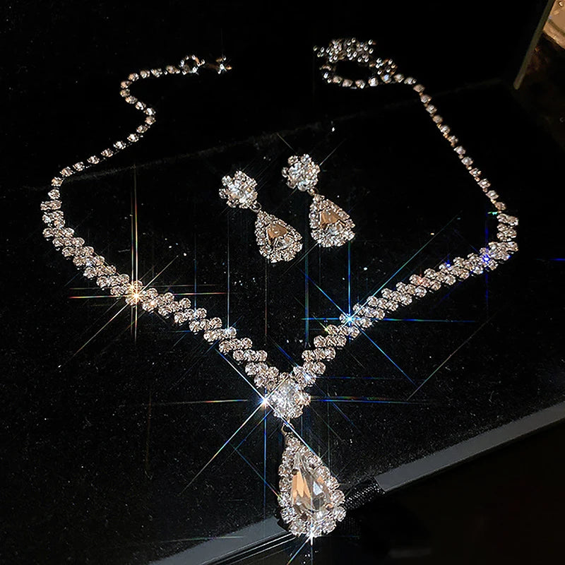 Juegos de collar y pendientes de cristal de diamantes de imitación con forma de gota de agua, 3 piezas, de moda sencilla, para mujer, boda, novia, juegos de joyas, accesorios de regalo