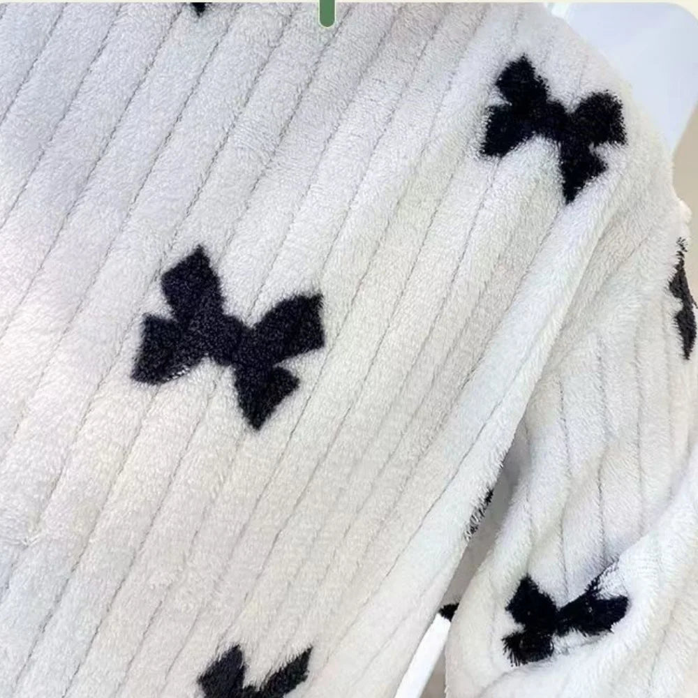 New Women Pajama Pants Sets Loose O-Neck Top And Elastic Waist Wide Leg Pants Winter Fleece Homewear Sweet Bow Outfit Sleepwear