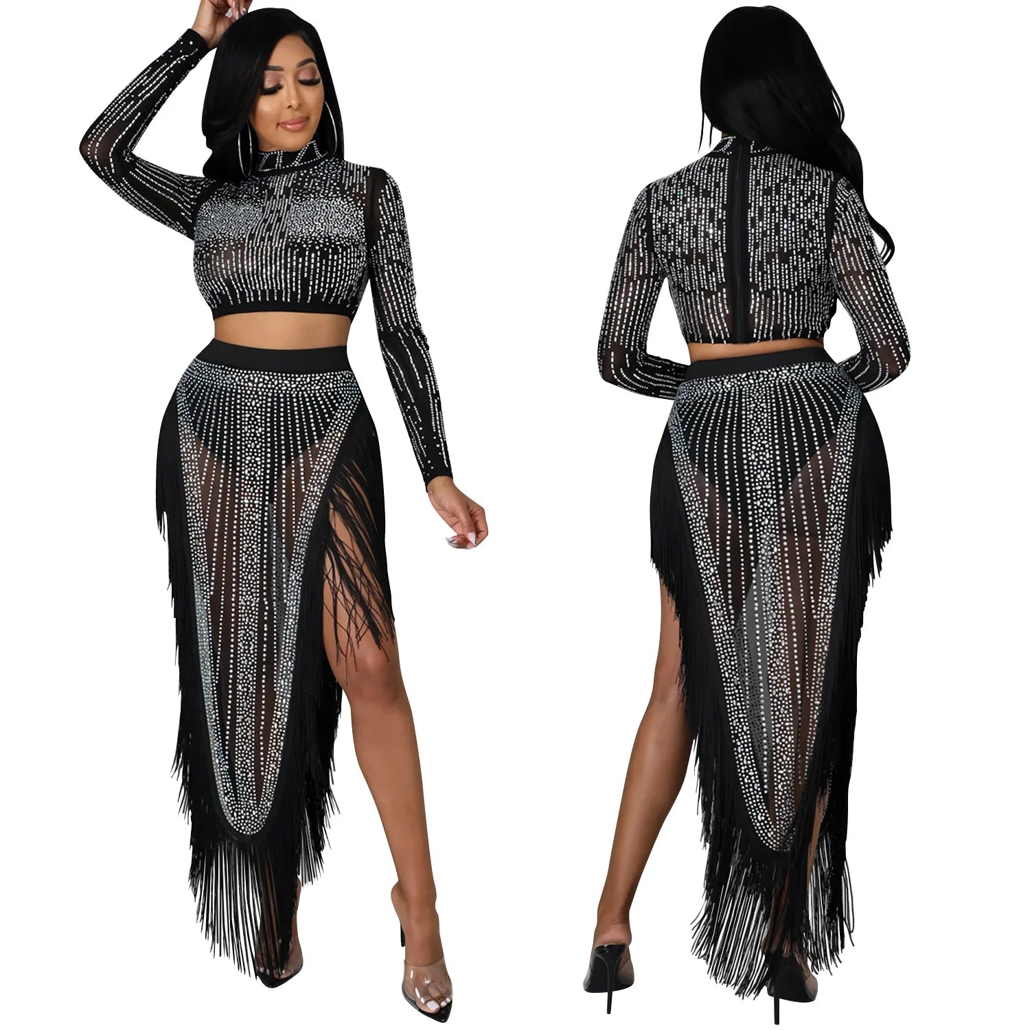 Skirt Set Women Two Piece Sets Dress Sets Mock Neck Matching Set Diamond Short Tops Party High Waist Long Skirts Sexy Hot Tassel