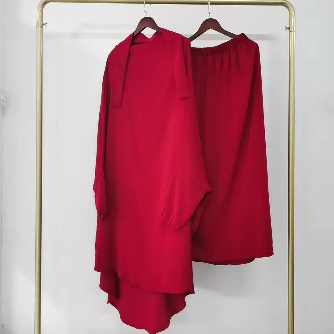 Skirt 2 Piece Sets Eid Muslim Women  Modest Outfits Tops Hooded Long Skirts Ensemble Ramadan Morocco Dubai Islam Suit