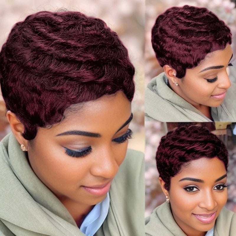 Natural Straight Layered Pixie Cut Human Hair Full Machine Made Wig 1b/30#/4#99J Daily Use Color