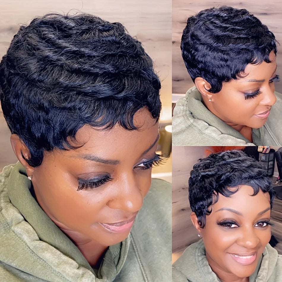 black  pixie cut human hair wig pixie wig 4inch short straight layered 150% density human hair wig machine made