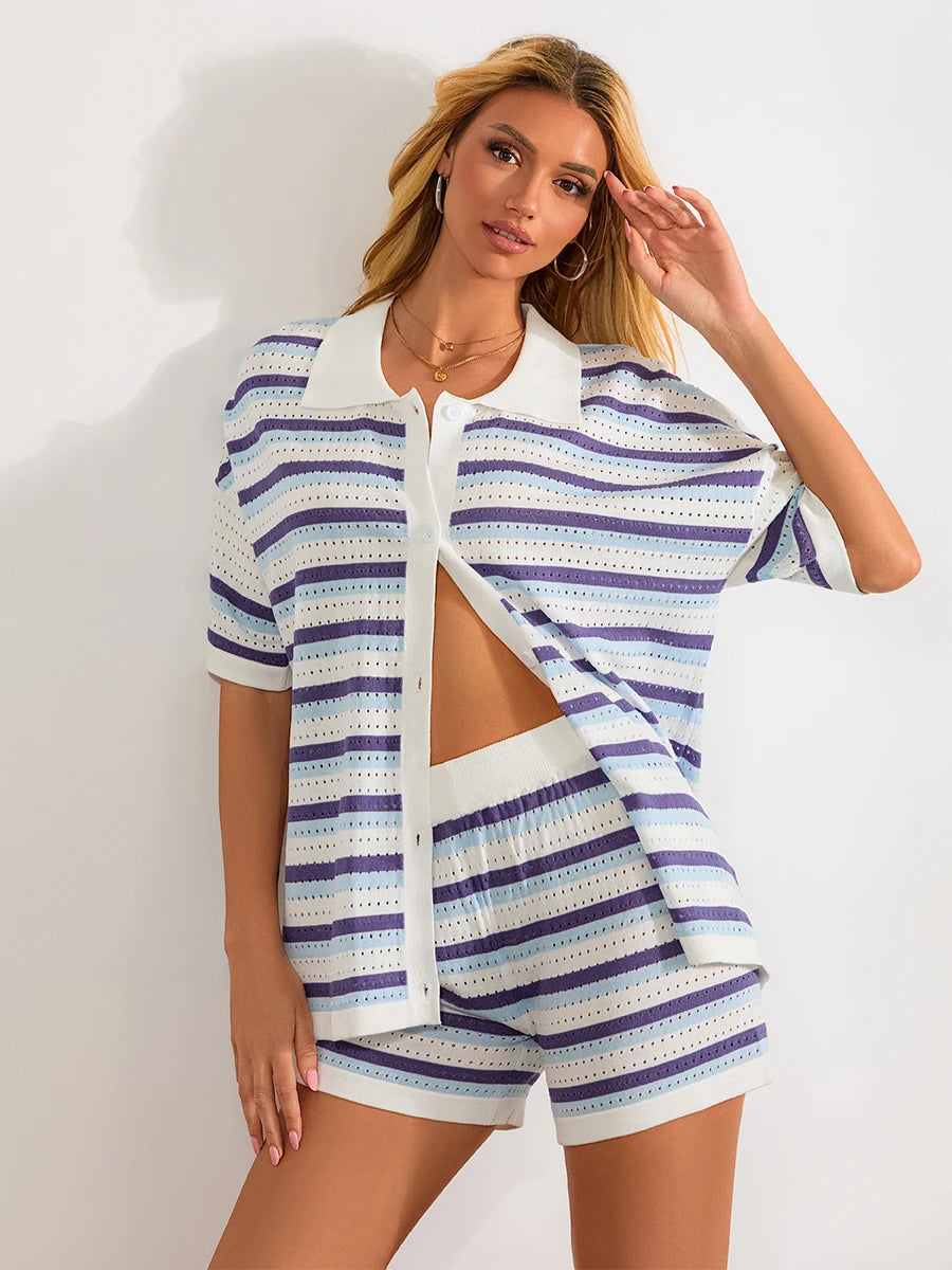 Conjunto de Pijama de Mujer de 2 Piezas Trajes de Salón Verano Rayas Contraste de Color Botón Tops de Punto de Ganchillo y Pantalones Cortos Conjuntos de Salón Playa