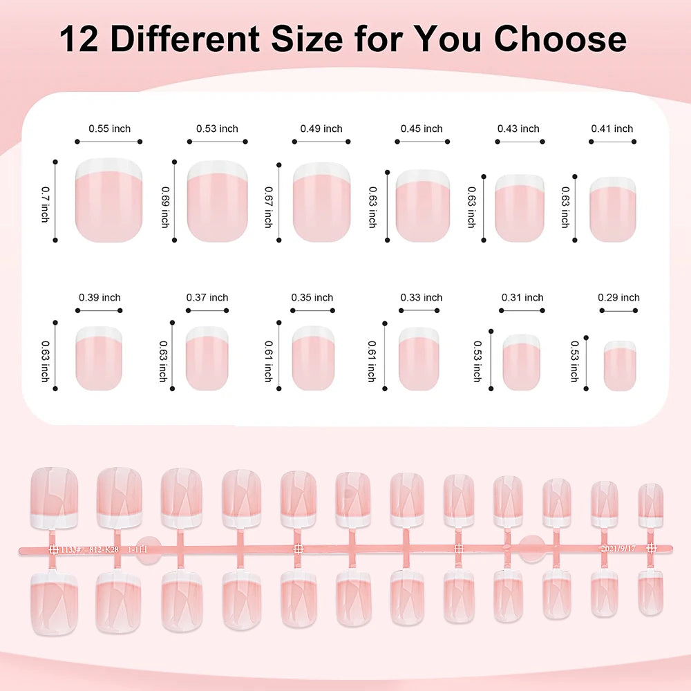 24Pcs French Square Round Head Fake Nails Natural Nude/Pink Press On Nails Tips With White-edges Wearable Full Cover Flase Nails
