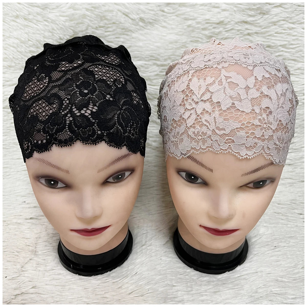Elastic Design Lace Hollow Out Flannel Hat Women's Cap Forehead Cross Muslim Base Scarf Indian National Style Pearl Headdress