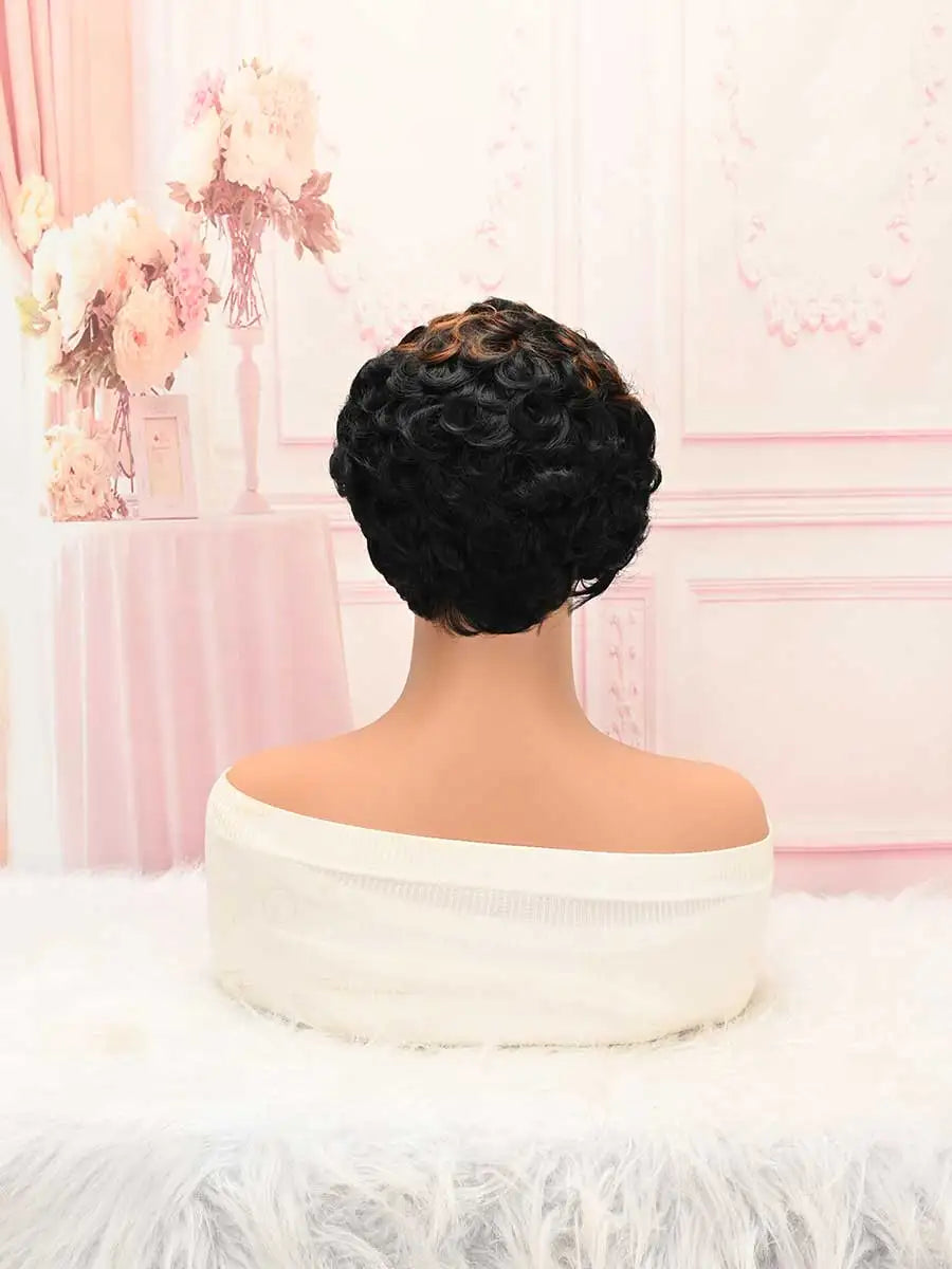 Ombre Brown Highlight Pixie Wave Wig Synthetic Short Finger Bangs Wig Women Daily Office Styling