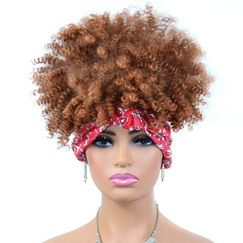 Fluffy Headband Wigs for Black Women Short Afro Kinky Curly Headwrap Wig High Temperature Natural Synthetic Headband Scarf Wig