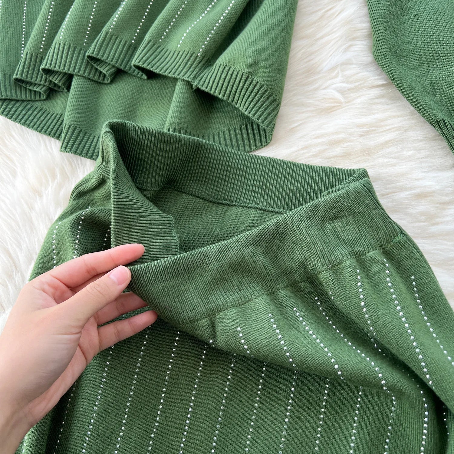 Women Skirt Sets Two Piece Sweater Set Full Sleeve Knit Tops Dress Sets Wrap Hip Skirts Casual Top Diamonds Spliced Autumn 2025