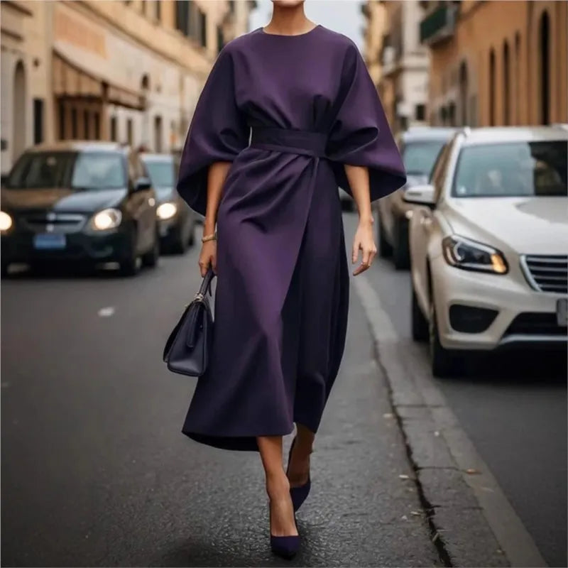 Women's Clothing Fashion Black Dress Temperament Elegant Casual Waist-closing Maxi Bat Sleeve Dresses For Women Robe Femel