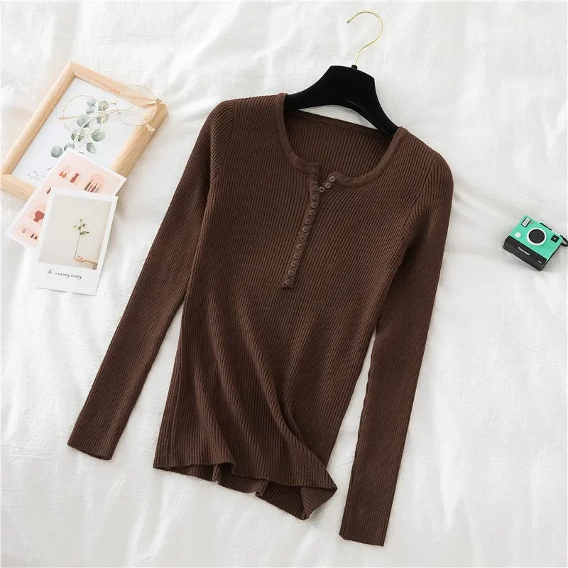 Korea Autumn Winter Button V Neck Sweater Women Basic Slim Pullover Women Sweaters And Pullovers Knit Jumper Soft Warm Tops