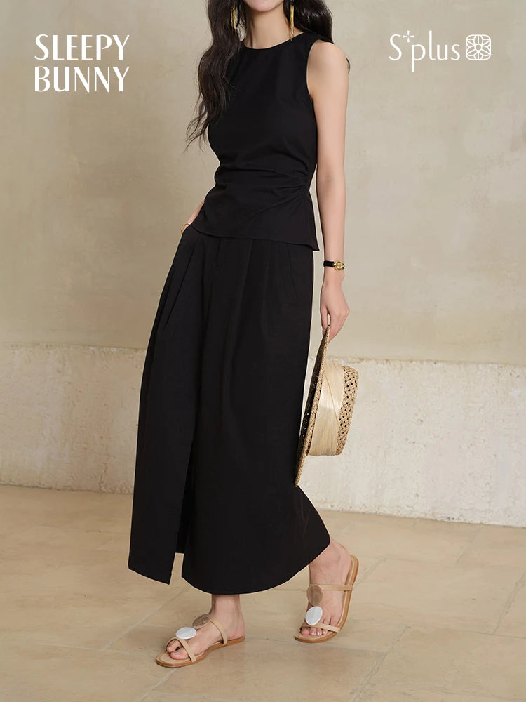 Black Sleeveless Top Skirt Set Women Petite Slim Fit Shirt Split Hem Straight Maxi Skirt Summer Two Piece  Elegant Matching Set