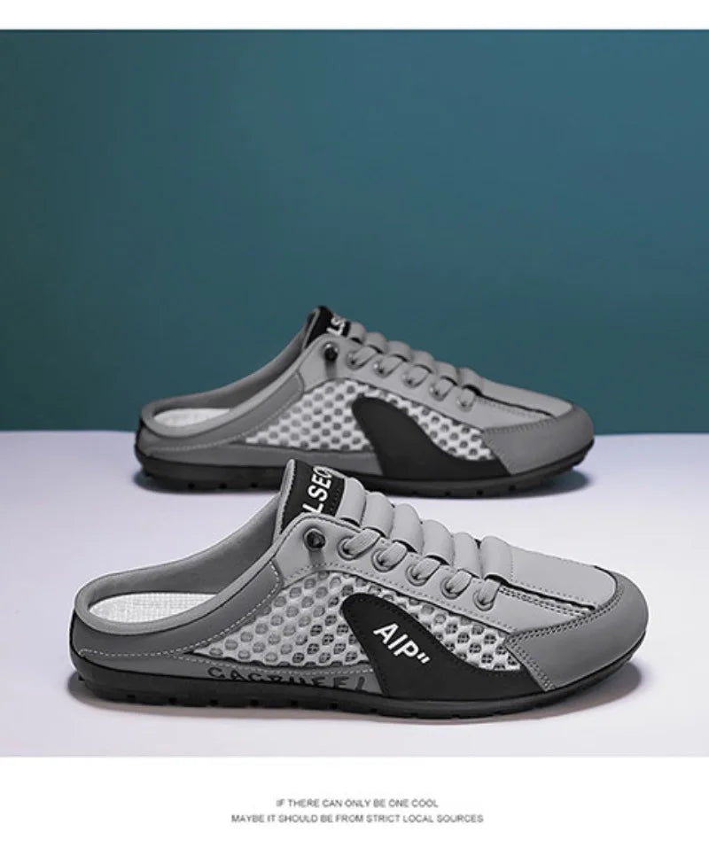 Men's Half Slippers Fashion Outdoor Casual Shoes for Men Walking Flats Soft Sole Support Slipper Mesh Breathable Slip-On Loafers
