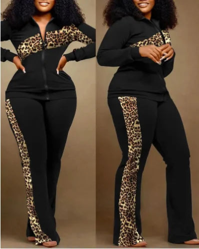 Two Piece Set Women Outfit Autumn Fashion Geometric Print Stand Collar Long Sleeve Zip Up Top & Casual Sporty Pants Set