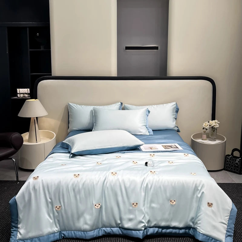 Princess Summer Quilt Korean Soft  Washed Silk Full Embroidery Tencel Cool Quilt  Women Girl For Summer Comforter Bedding