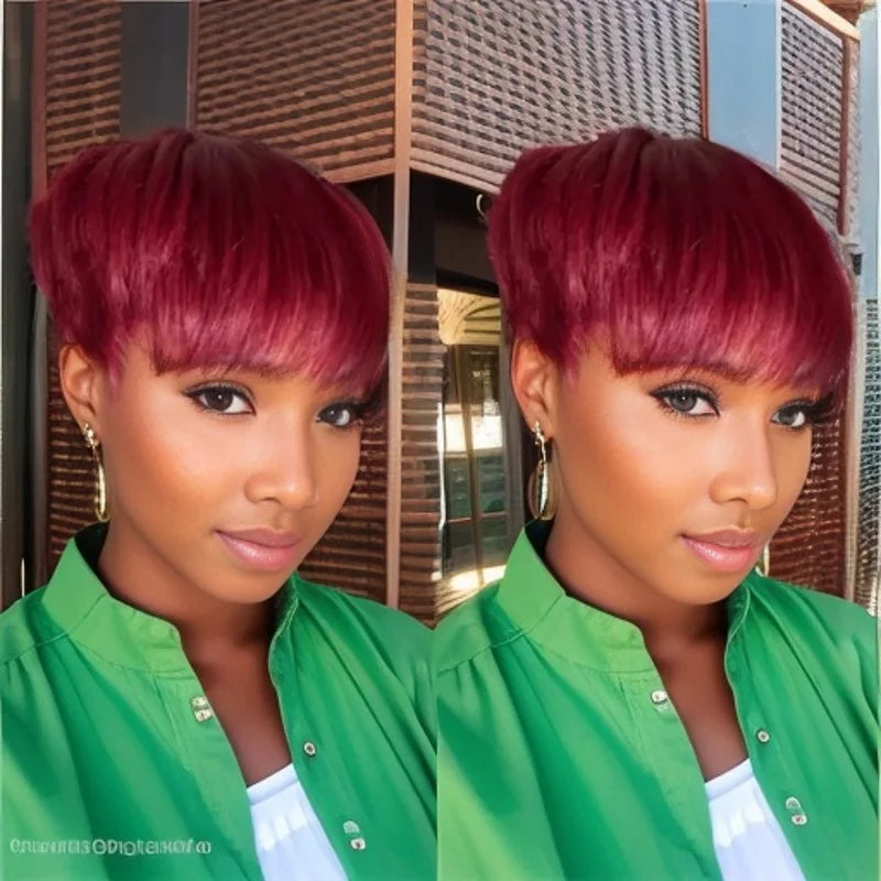 Short Human Hair Pixie Cut Straight Full Machine Made Wigs with Bangs for Daily Wear