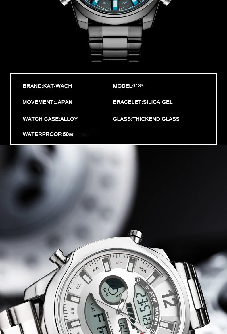KAT-WACH Men Big Dial Wrist Watches Gold Top Brand Luxury Male Clock 2024 Gold Black Quartz Dual Display Chronograph Dropship