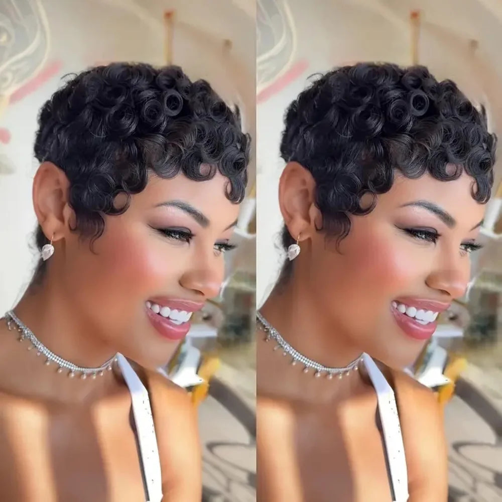 Pixixe Cut Curly Wigs for Women Short Layered Pixie Cut Brazilian Human Hair Wigs Full Machine Wig