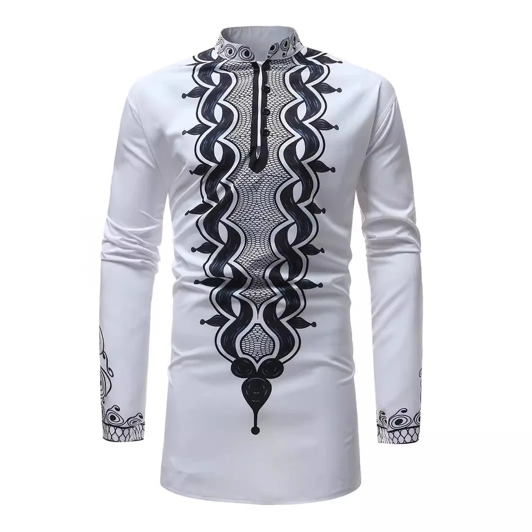 Man African Clothes Fashion Printed Shirts Tops White Long Sleeved Blouse Loose Casual Men's Plus Size 3XL Africa Muslim Dashiki