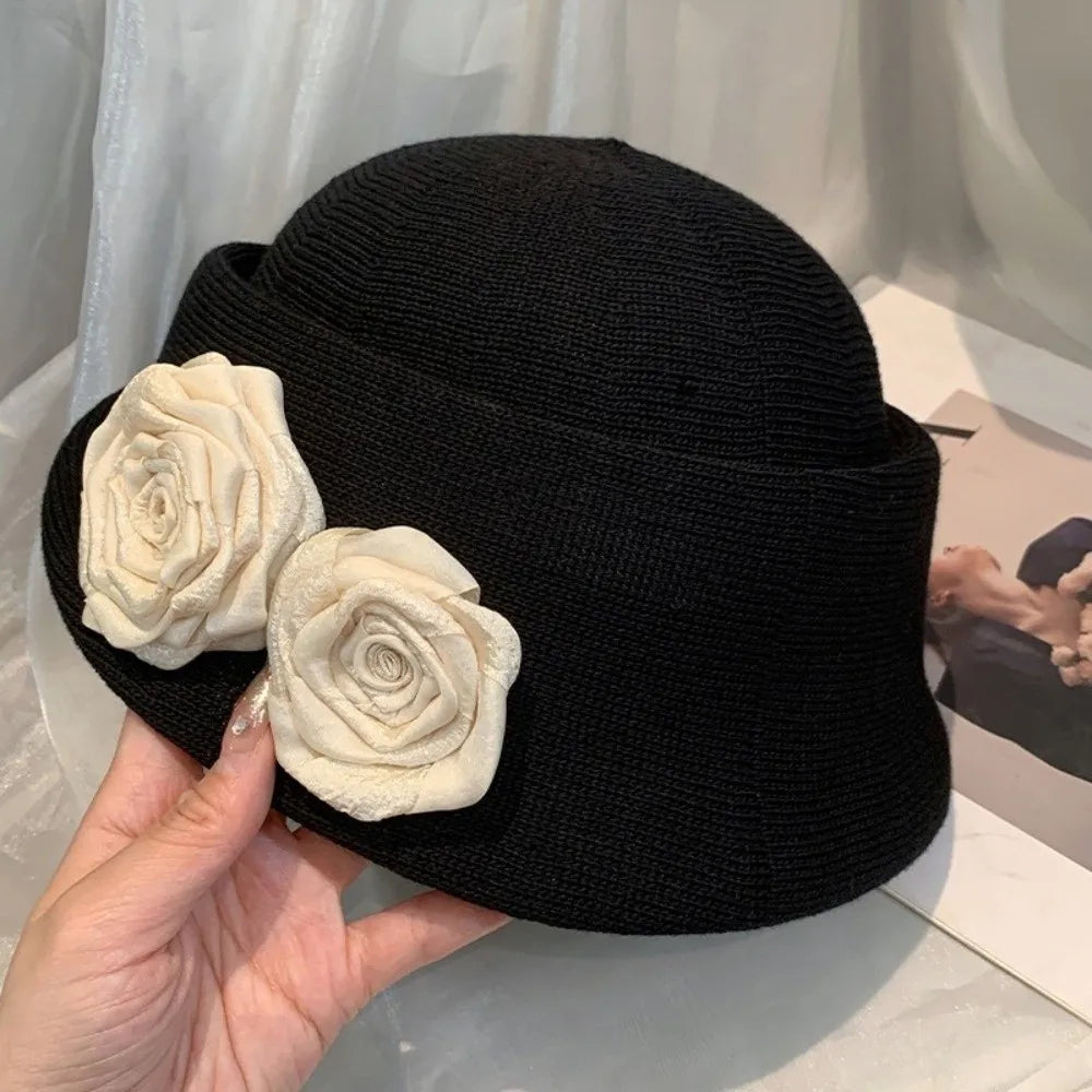 Vintage French Style Camellia Flower Cap Curl Brim Hepburn Floral Bowler Hat Elegant British Women's Formal hat Lady