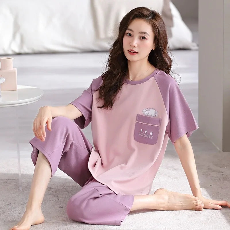 Women Pajamas Tops and Pants Girl Nightwear Homewear Set Round Neck Striped Cartoon Animals Patteen Ladies Sleepwear Loungewear