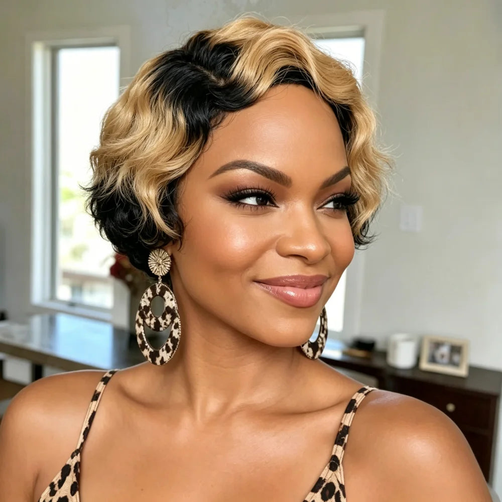 Human Hair Short Ombre Pixie Wig, Two Tone Black to Honey Blonde Finger Wave Wig, full machine made Wig for Women, Natural Looki
