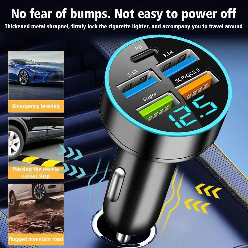 Cargador de coche PD de 250 W, carga rápida QC3.0, encendedor de cigarrillos de coche de uno a seis, cargador de coche de 5 puertos con carga rápida y pantalla digital