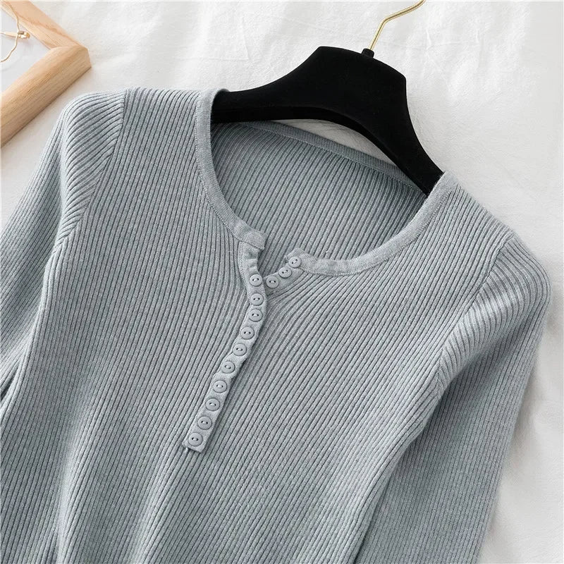 Korea Autumn Winter Button V Neck Sweater Women Basic Slim Pullover Women Sweaters And Pullovers Knit Jumper Soft Warm Tops