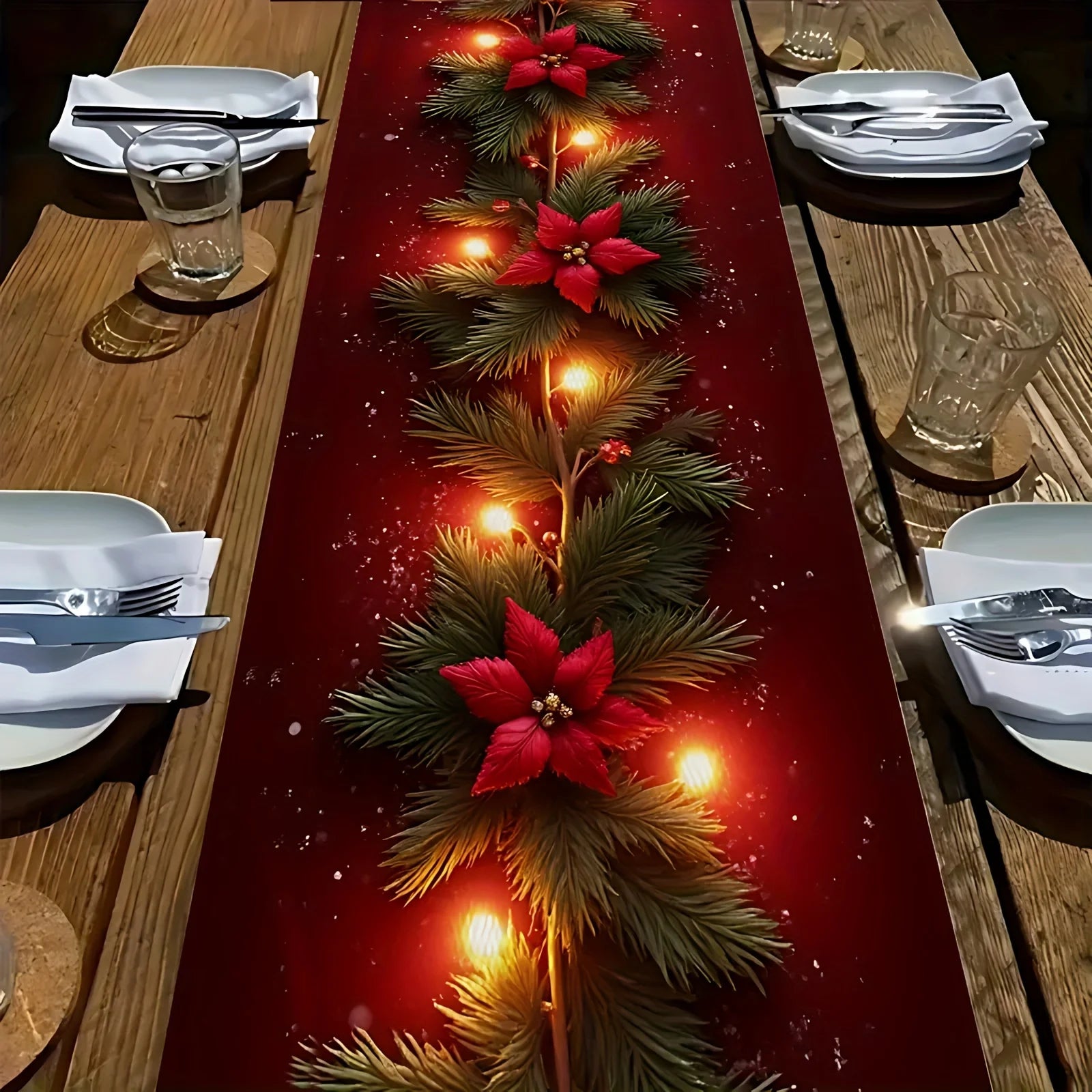1 Piece of Luminous Christmas Flower Pine Branch Table Runner, Red Background Printed with Lighted Pine Branches and Poinsettia Pattern, Suitable for Christmas Dinner, Holiday Party, Pastoral B&B, Handicraft Market, Cafe Deco