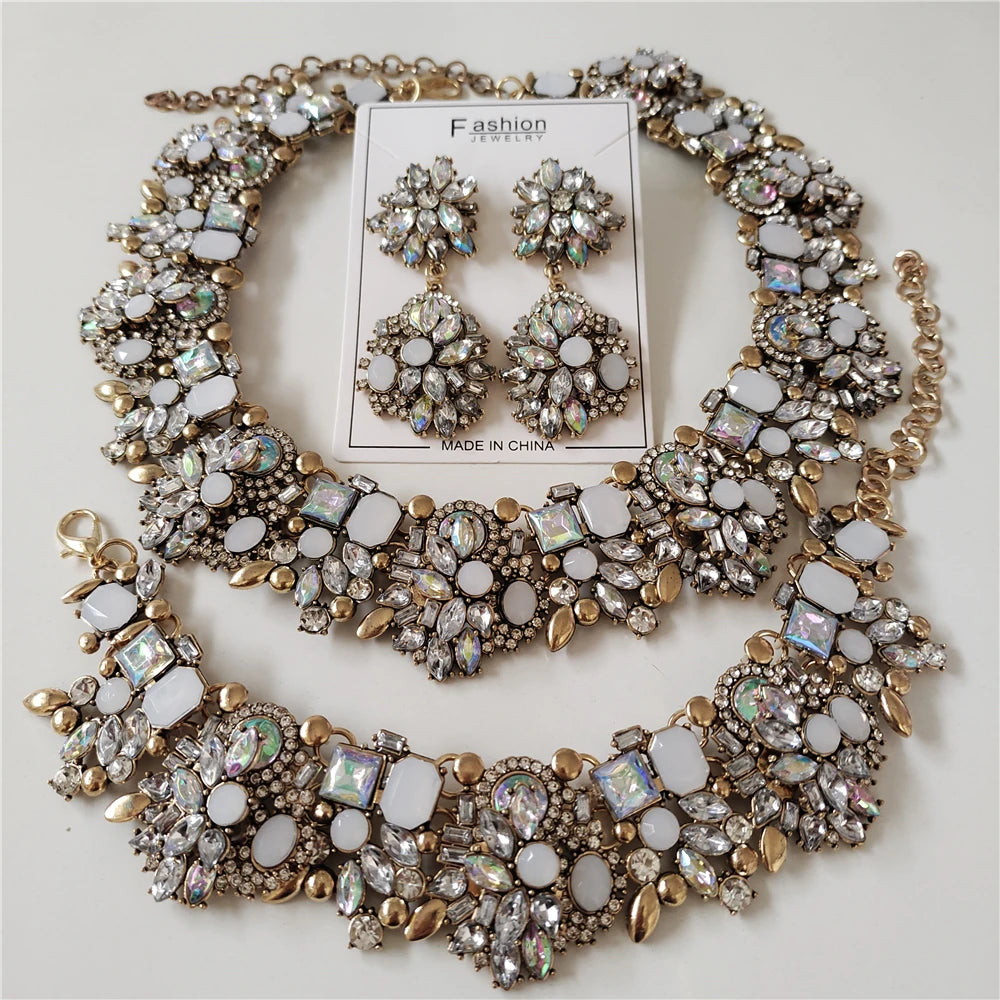New Luxury Crystal Rhinestone Jewelry Sets Necklace Bracelets Earrings Set Women Indian Wedding Bridal Statement Jewelry