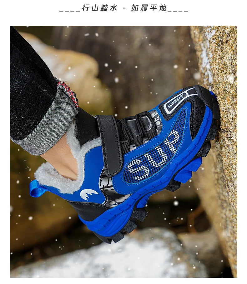 Winter Plus Velvet Hiking Shoes For Kids Non-slip Platform High Top Sports Shoes Boys Outdoor Warm Plush Children's Sneakers