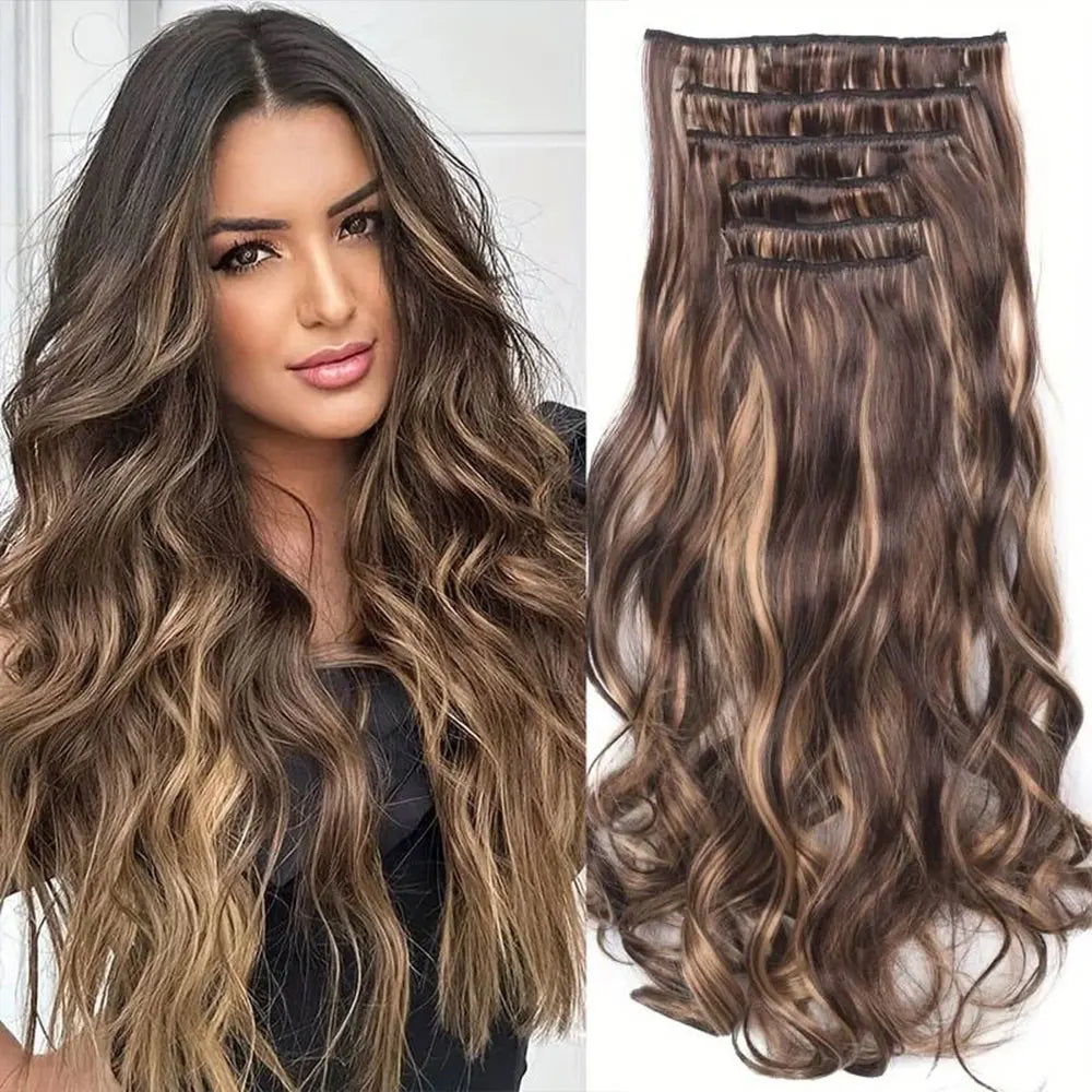 24" Long Wavy Clip-In Hair Extensions – Thick, Double Weft & Natural Look (6PCS)