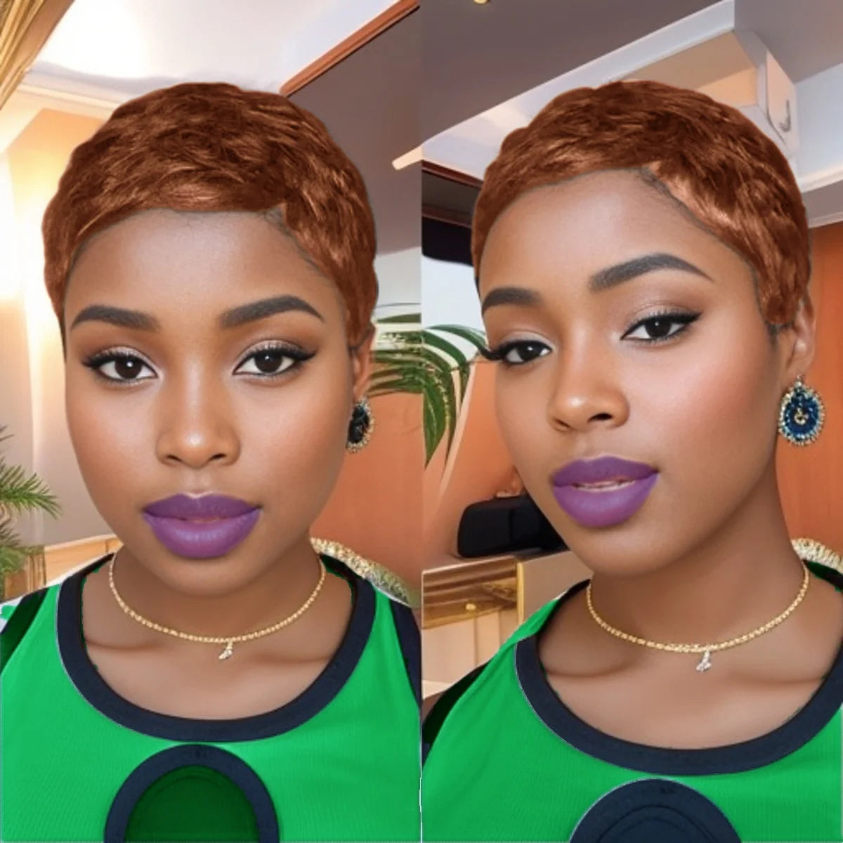 Peluca de Pelo Humano Pixie Corto en Capas con Flequillo, Hecha a Máquina, Uso Diario, Color para Mujeres Negras