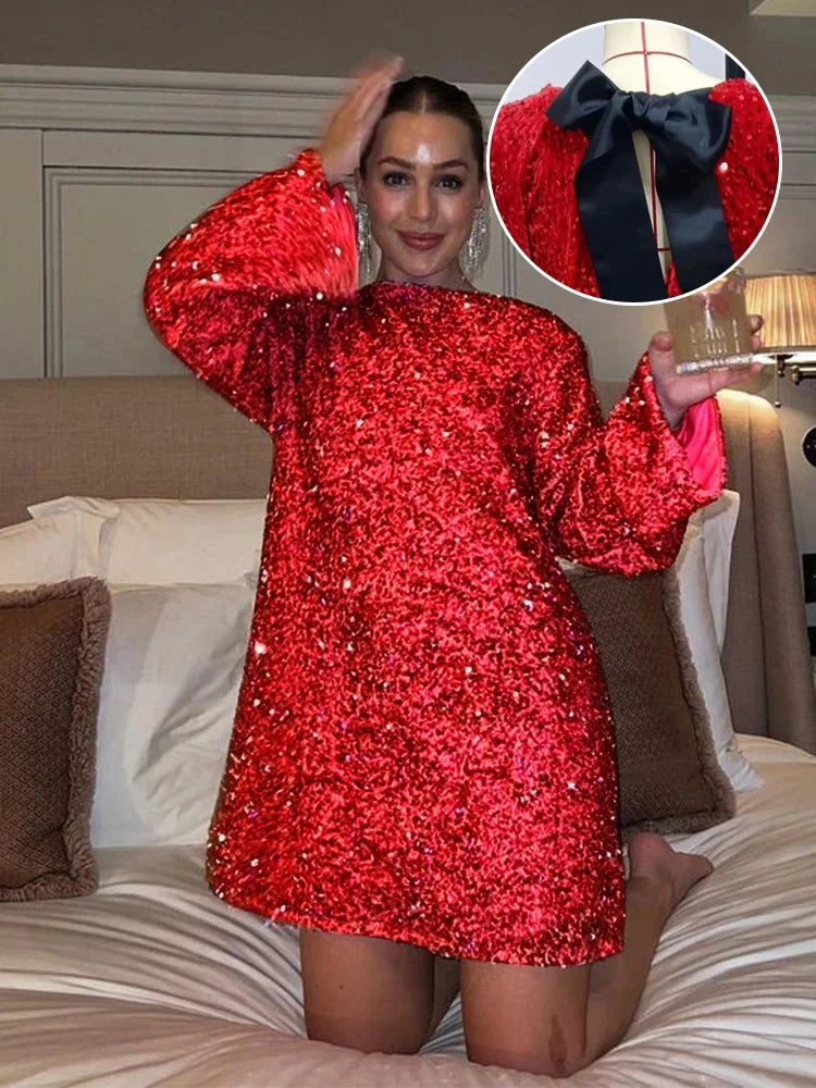 Fashion Shining Sequin Mini Dresses Women Long Sleeve Bowknot Chic Short Robe Female Elegant Holiday Evening Party Look Vestidos