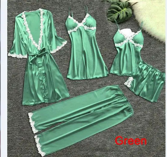 Pajamas Five Piece Set Sexy Lace Trim Nightgown Nightwear Spring Summer Women Bath Robe Loose Satin Home Wear Pijamas Suit