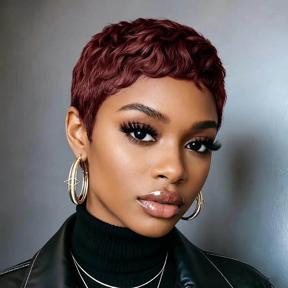 short layered pixie cut human hair wig 4inch summer wig black color 150% density machine made hair wig for women