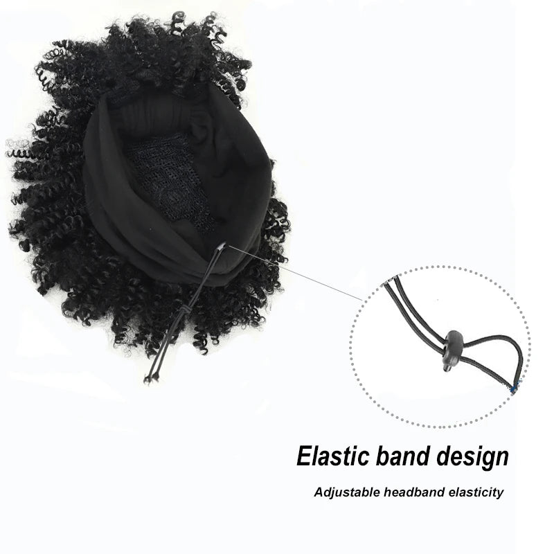 Afro Curly Headband Wigs Short Kinky Curly Wigs with Headbands Attached Scarf Wig For Women Synthetic Afro Puff Wigs with Bangs