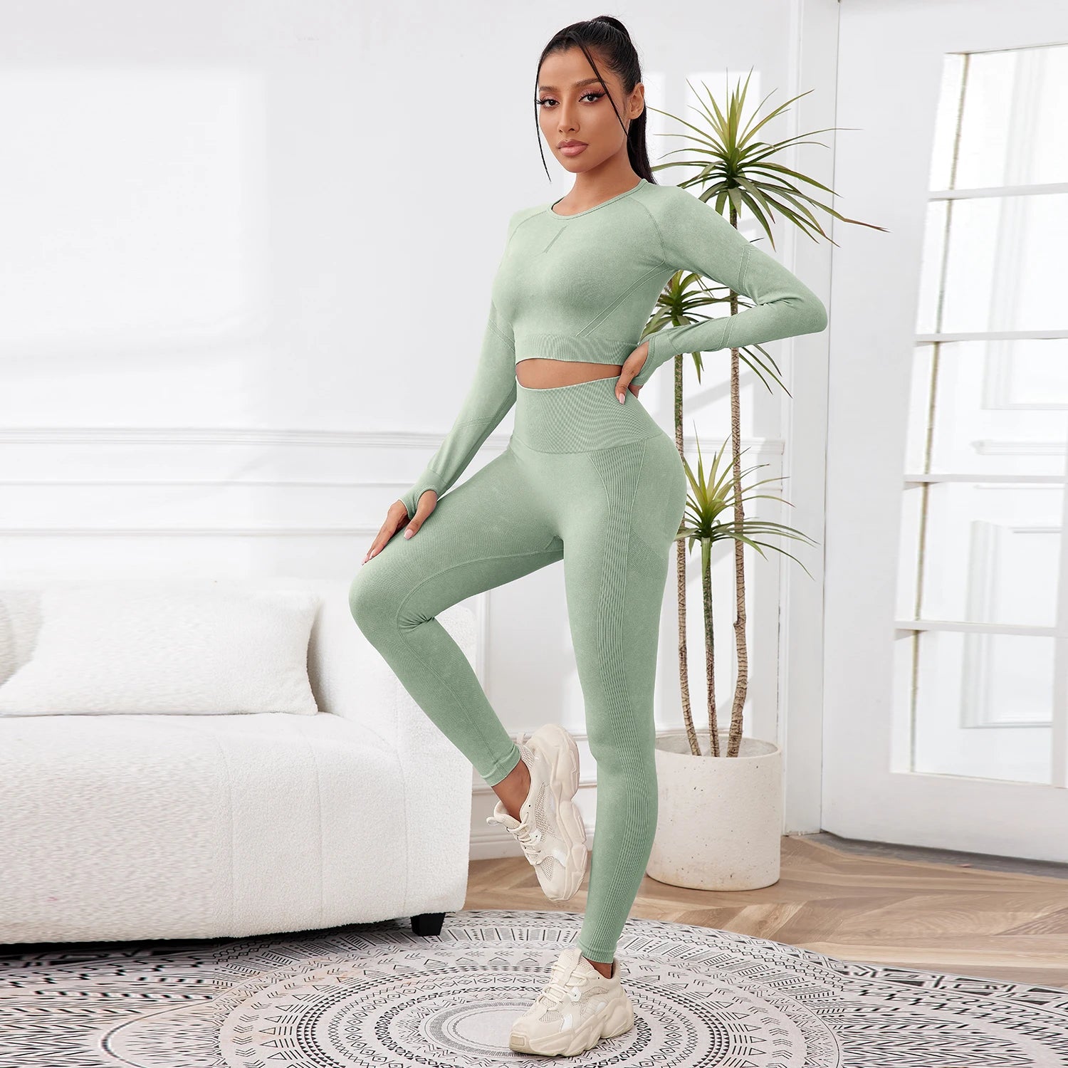2PCS Sets Women Outfit High Waist Gym Sexy Sport Wash Pants Sets Running Outdoors Skinny