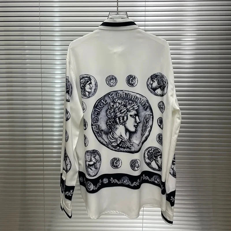 Men's shirt Vintage Character print Spring / Autumn Loose Version Classic Long-sleeved Lapel Fashion and leisure Top S-5XL