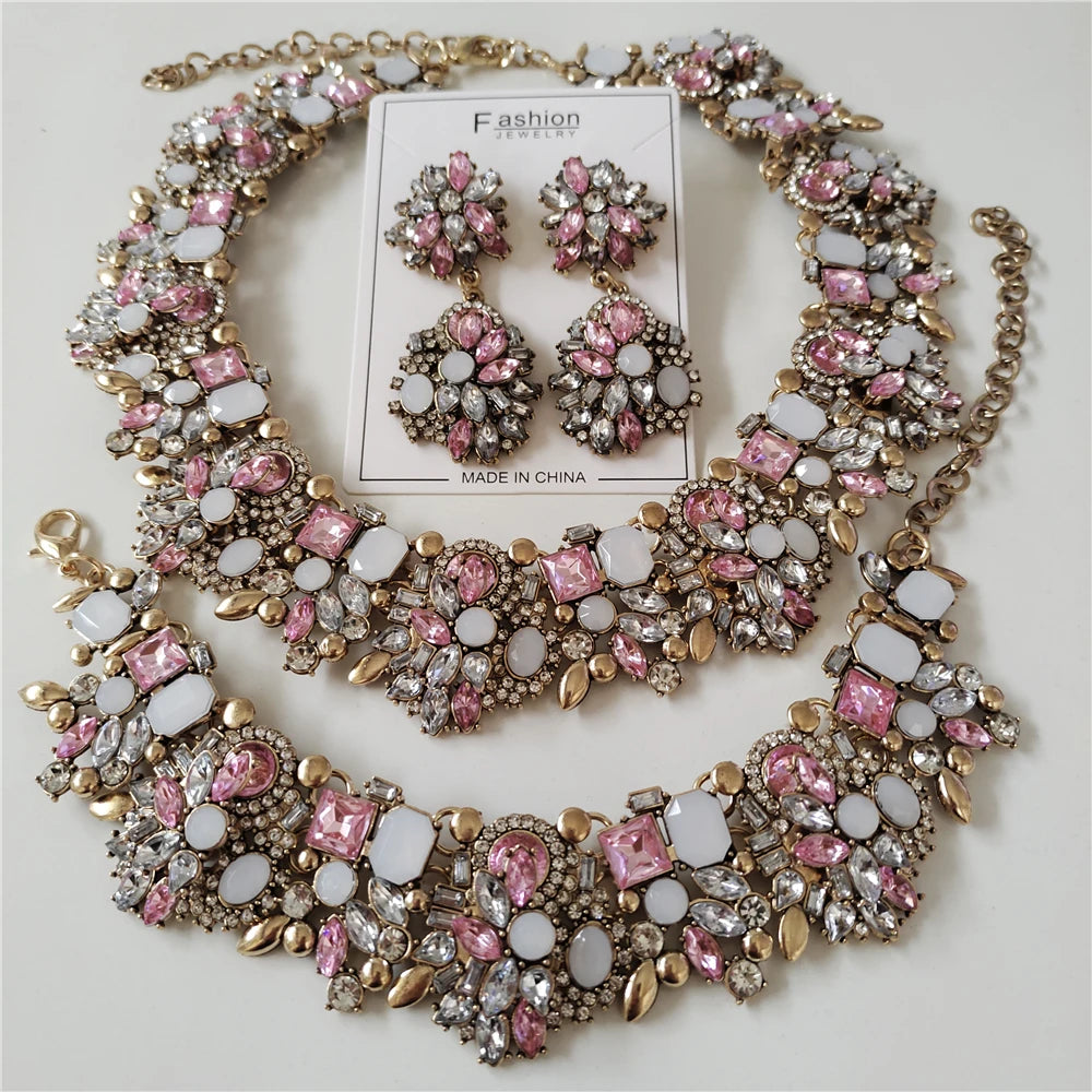 New Luxury Crystal Rhinestone Jewelry Sets Necklace Bracelets Earrings Set Women Indian Wedding Bridal Statement Jewelry