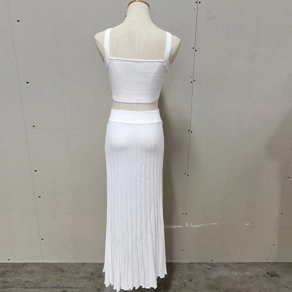 Elegant Knitted Skirt Set Women Crop Top and Maxi Skirt Outfits Summer Casual Solid Bohemia Holiday Beach Two Piece Set 2024