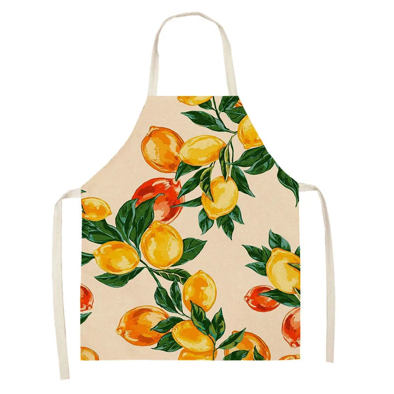 Delantal de cocina para mujer, para cocinar, limpieza del hogar, algodón, lino, estampado de frutas y limón, diseño característico