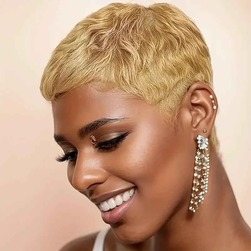 Elegante peluca de cabello humano Pixie Cut, cabello humano para mujeres, corte de pelo corto rizado hecho a máquina, línea de cabello natural, uso diario