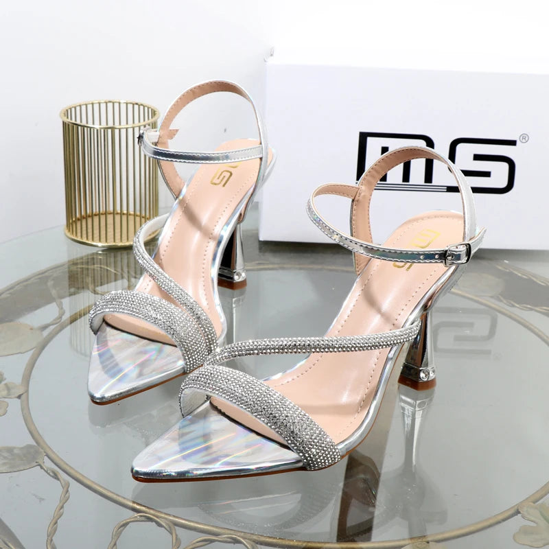 Luxury elegant green shoes  summer new high heels fashion Joker fashion fairy sandals Rhinestone buckle with women's shoes