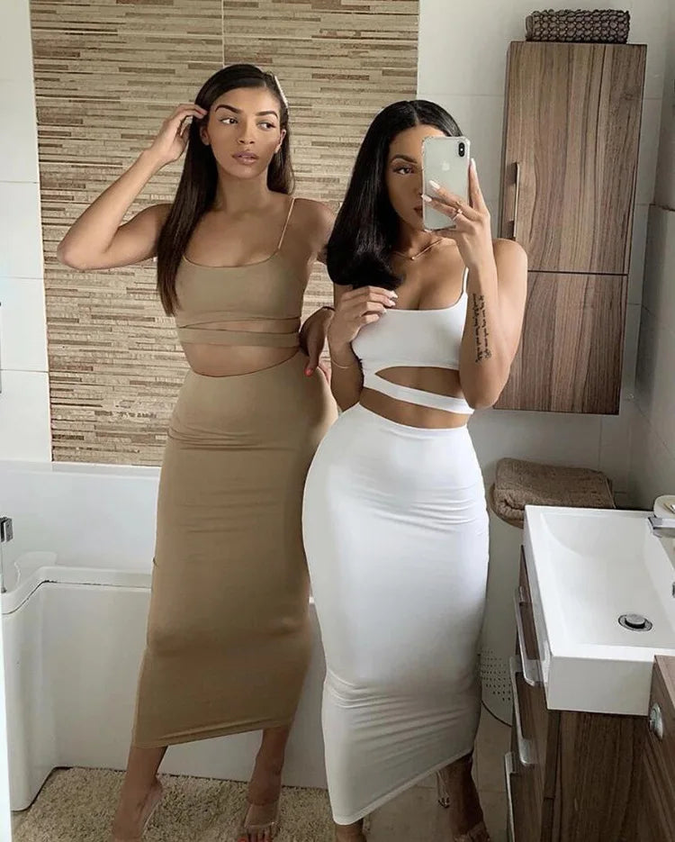Summer New Women's Skirts Sets Strapless Cutout Crop Top+High Waist Stretch Tight Skirt Sets Fashion Lady Sexy Two-Piece Outfits