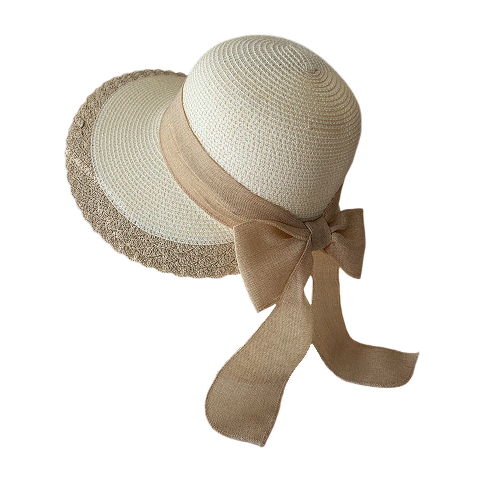 Sombreros de paja de ala ancha para mujer, diseño de borde de encaje, gorras de playa con lazo para deportes al aire libre, senderismo y viajes
