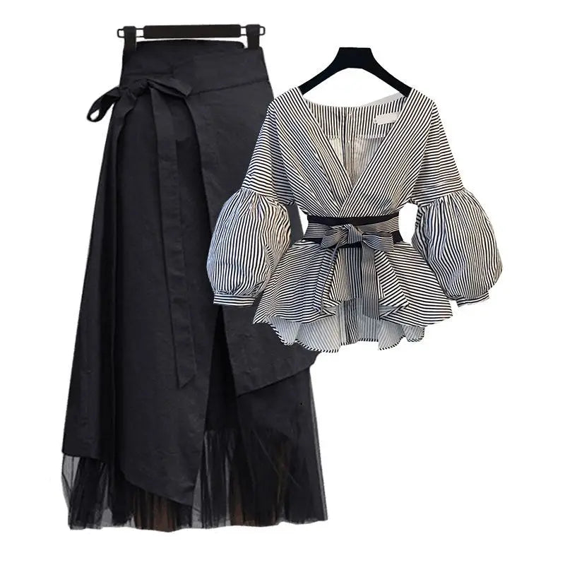 2 Piece Set Skirt and Top Spring Summer Casual V-neck Loose Top Skirt Sets Korean Fashion Women's Clothing